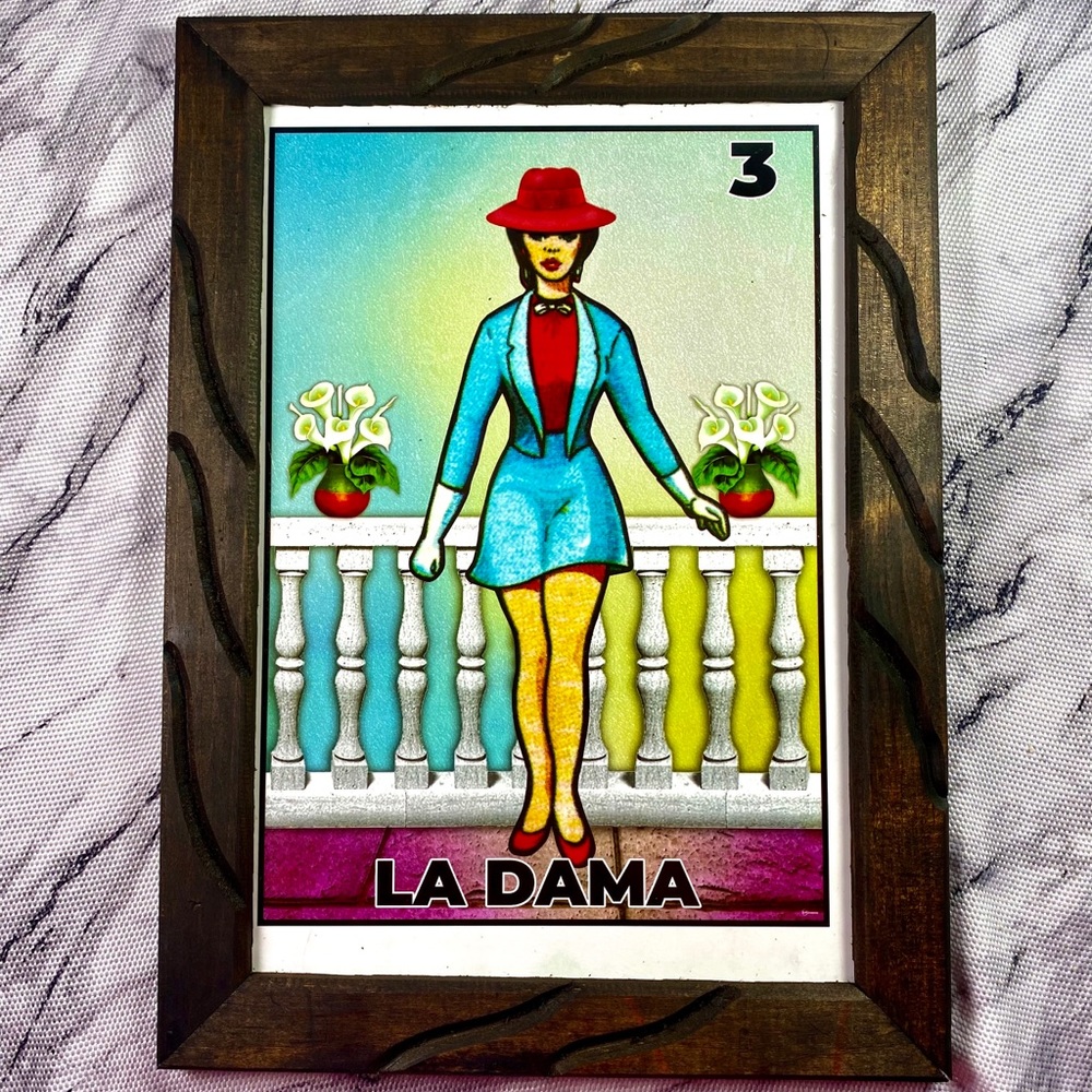 LOTERIA LA DAMA CARD 3 WOOD PAINTING